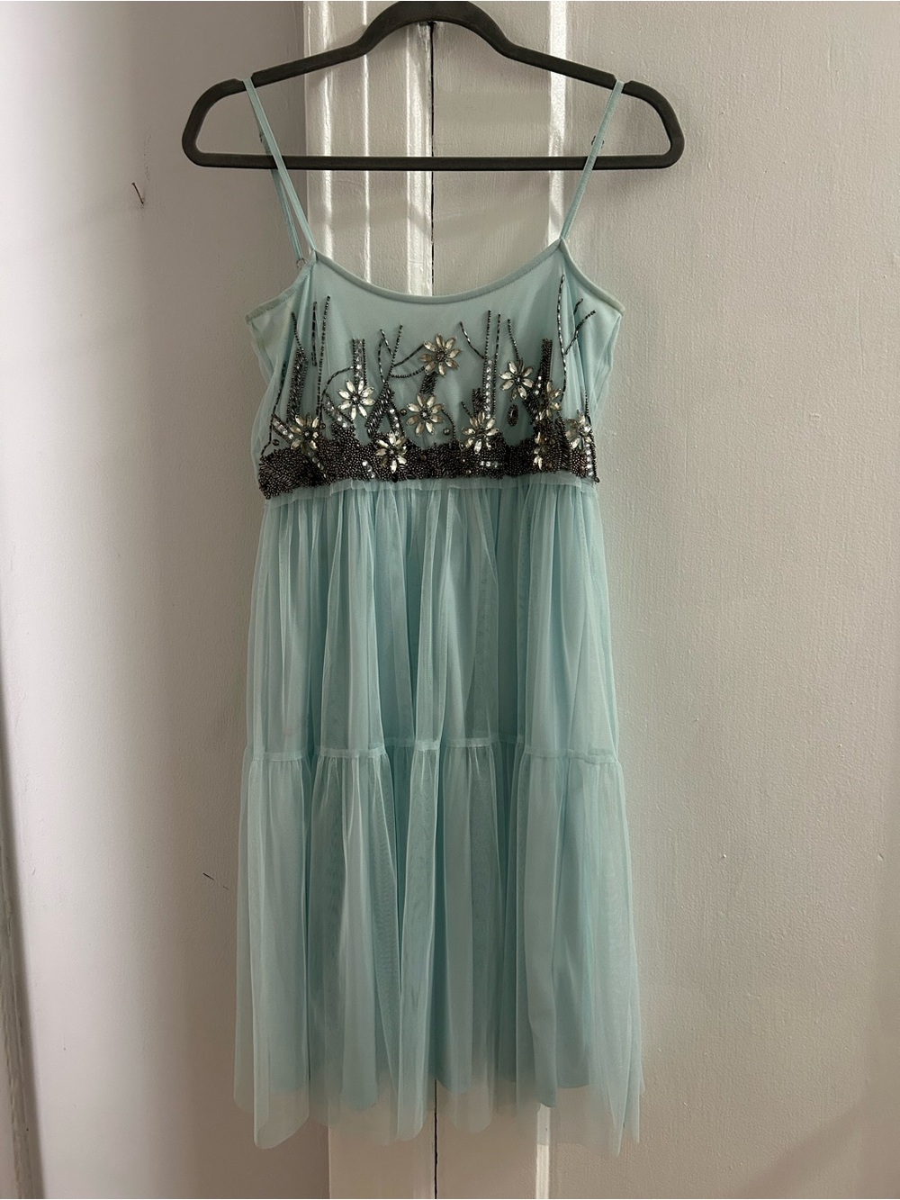 Divided Mint Blue Tulle Dress with beaded Floral bust.